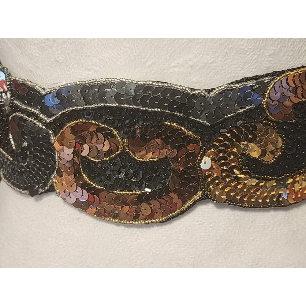 Vintage Milor Sequin Beaded Elastic Waist Belt Black Gold Bronze Metallic Size S